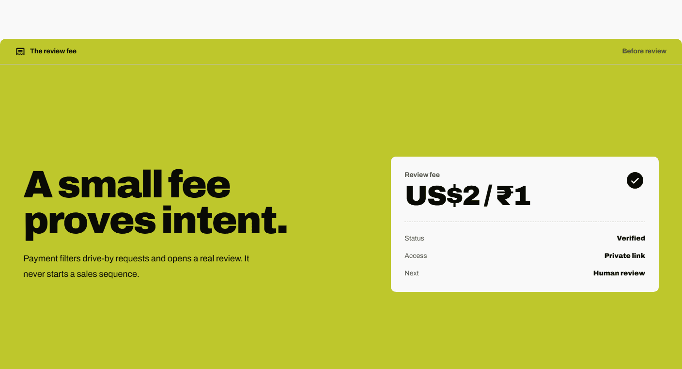 BuildOrPass payment stage explaining the dual-currency review fee